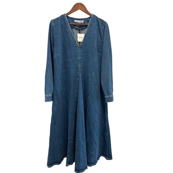 NWT ZARA The Tilda Denim Dress Size L Retro V Neck MIDI Jean - Picture 2 of 9